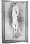 Young boy with a loincloth, both hands hanged on a small bar by Rembrandt Harmensz. van Rijn