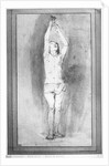 Young boy with a loincloth, both hands hanged on a small bar by Rembrandt Harmensz. van Rijn