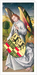 Angel holding a shield with the heraldic arms of de Chaugy and Montagu families with the two leopards of the de Jaucourt family, 1460-66 by Rogier van der (attr. to) Weyden