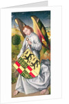 Angel holding a shield with the heraldic arms of de Chaugy and Montagu families with the two leopards of the de Jaucourt family, 1460-66 by Rogier van der (attr. to) Weyden