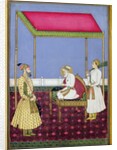 The Emperor Aurangzeb in old age seated on a throne, miniature from a Muraqqa album, early eighteenth century by Indian School