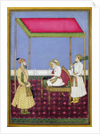 The Emperor Aurangzeb in old age seated on a throne, miniature from a Muraqqa album, early eighteenth century by Indian School
