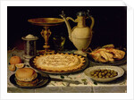 Still life with a tart, roast chicken, bread, rice and olives, 17th century by Clara Peeters