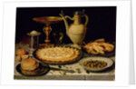 Still life with a tart, roast chicken, bread, rice and olives, 17th century by Clara Peeters