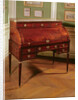Louis XVI cylinder-top mahogany-veneered Bureau with gilt bronze mounts, Carrara marble top flanked by candelabrum by Jean-Henri Riesener