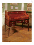 Louis XVI cylinder-top mahogany-veneered Bureau with gilt bronze mounts, Carrara marble top flanked by candelabrum by Jean-Henri Riesener