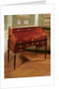 Louis XVI cylinder-top mahogany-veneered Bureau with gilt bronze mounts, Carrara marble top flanked by candelabrum by Jean-Henri Riesener