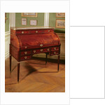 Louis XVI cylinder-top mahogany-veneered Bureau with gilt bronze mounts, Carrara marble top flanked by candelabrum by Jean-Henri Riesener