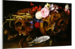 Vanitas Still Life with Skulls, Flowers, a pearl mussel shell, a bubble and straw by Nicolaes van Veerendael