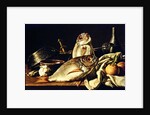 Still Life of fishes, oranges and garlic by Luis Egidio Menendez or Melendez