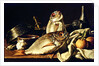 Still Life of fishes, oranges and garlic by Luis Egidio Menendez or Melendez