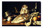 Still Life of fishes, oranges and garlic by Luis Egidio Menendez or Melendez