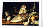Still Life of fishes, oranges and garlic by Luis Egidio Menendez or Melendez