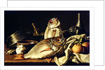 Still Life of fishes, oranges and garlic by Luis Egidio Menendez or Melendez