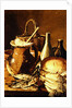Still Life with bread, fishes and leeks by Luis Egidio Menendez or Melendez