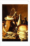 Still Life with bread, fishes and leeks by Luis Egidio Menendez or Melendez
