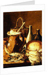 Still Life with bread, fishes and leeks by Luis Egidio Menendez or Melendez