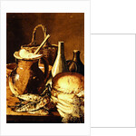 Still Life with bread, fishes and leeks by Luis Egidio Menendez or Melendez