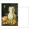 Still Life with bread, greengages and pitcher by Luis Egidio Menendez or Melendez