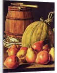 Still Life with pears, melon and barrel for marinading by Luis Egidio Menendez or Melendez