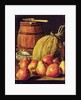 Still Life with pears, melon and barrel for marinading by Luis Egidio Menendez or Melendez