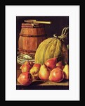 Still Life with pears, melon and barrel for marinading by Luis Egidio Menendez or Melendez