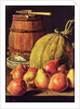 Still Life with pears, melon and barrel for marinading by Luis Egidio Menendez or Melendez