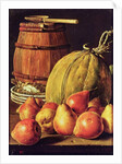 Still Life with pears, melon and barrel for marinading by Luis Egidio Menendez or Melendez