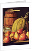 Still Life with pears, melon and barrel for marinading by Luis Egidio Menendez or Melendez