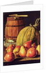 Still Life with pears, melon and barrel for marinading by Luis Egidio Menendez or Melendez