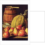 Still Life with pears, melon and barrel for marinading by Luis Egidio Menendez or Melendez