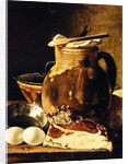 Still Life with ham, eggs, bread, frying pan and pitcher by Luis Egidio Menendez or Melendez