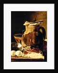 Still Life with ham, eggs, bread, frying pan and pitcher by Luis Egidio Menendez or Melendez