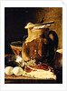 Still Life with ham, eggs, bread, frying pan and pitcher by Luis Egidio Menendez or Melendez