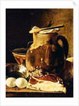 Still Life with ham, eggs, bread, frying pan and pitcher by Luis Egidio Menendez or Melendez