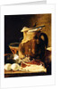 Still Life with ham, eggs, bread, frying pan and pitcher by Luis Egidio Menendez or Melendez