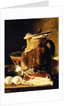 Still Life with ham, eggs, bread, frying pan and pitcher by Luis Egidio Menendez or Melendez