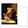 Still Life with ham, eggs, bread, frying pan and pitcher by Luis Egidio Menendez or Melendez