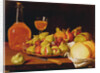 Still Life with a plate of figs and pomegranates, bread and wine by Luis Egidio Menendez or Melendez