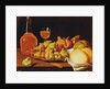 Still Life with a plate of figs and pomegranates, bread and wine by Luis Egidio Menendez or Melendez