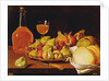 Still Life with a plate of figs and pomegranates, bread and wine by Luis Egidio Menendez or Melendez