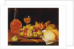 Still Life with a plate of figs and pomegranates, bread and wine by Luis Egidio Menendez or Melendez