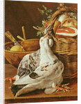 Still Life with pigeons, wicker basket, ham, onions and a lemon by Luis Egidio Menendez or Melendez