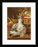 Still Life with pigeons, wicker basket, ham, onions and a lemon by Luis Egidio Menendez or Melendez