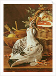 Still Life with pigeons, wicker basket, ham, onions and a lemon by Luis Egidio Menendez or Melendez