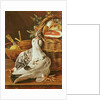 Still Life with pigeons, wicker basket, ham, onions and a lemon by Luis Egidio Menendez or Melendez