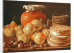 Still Life with apples, nuts, pears, and boxes of sweets by Luis Egidio Menendez or Melendez