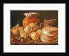 Still Life with apples, nuts, pears, and boxes of sweets by Luis Egidio Menendez or Melendez