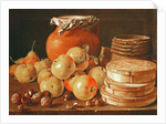 Still Life with apples, nuts, pears, and boxes of sweets by Luis Egidio Menendez or Melendez