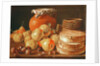 Still Life with apples, nuts, pears, and boxes of sweets by Luis Egidio Menendez or Melendez